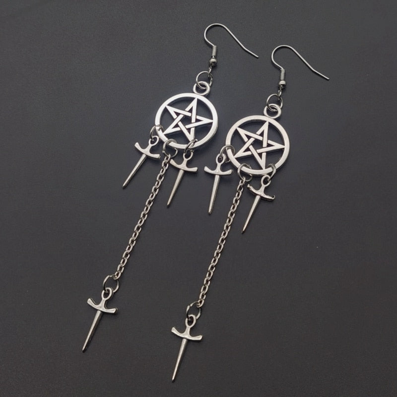 Pentagram Sword Earrings Silver Plated