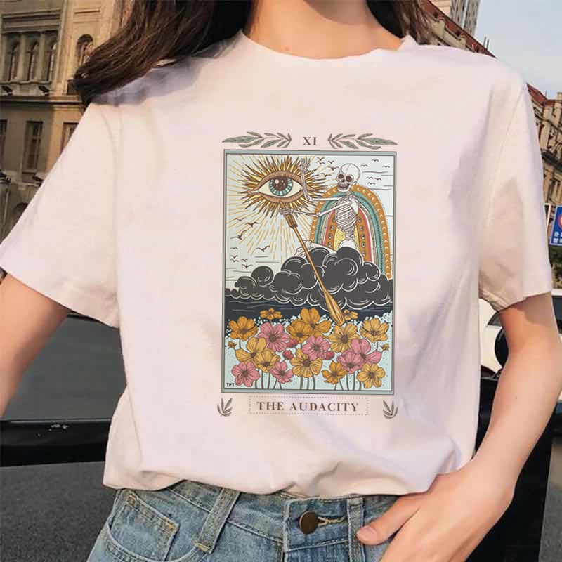Womens White Funny Tarot Card Printed Cartoon T-Shirt