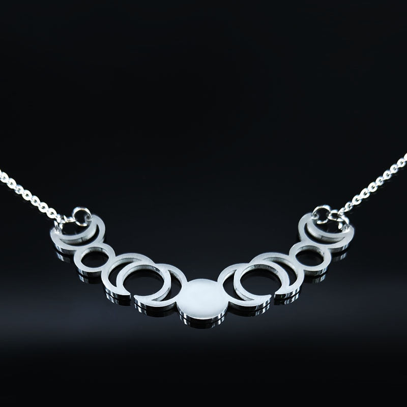 Triple Moon Goddess Sun Pentacle Stainless Steel Necklace