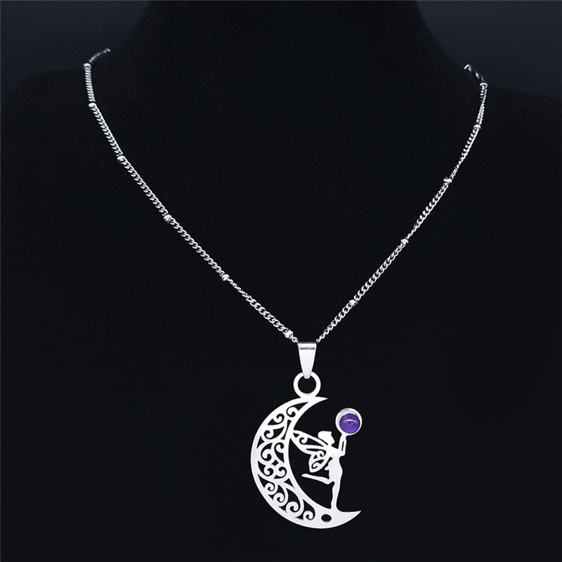 Witchcraft Moon Elf Fairy Necklace Purple Crystal