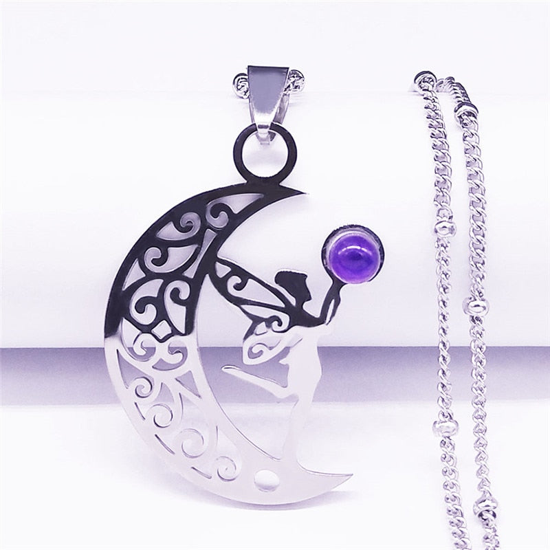 Witchcraft Moon Elf Fairy Necklace Purple Crystal