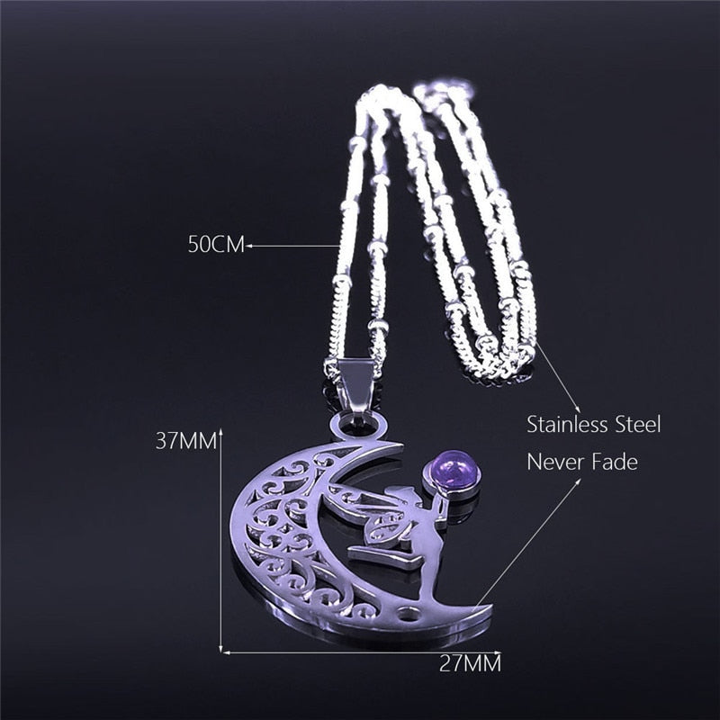 Witchcraft Moon Elf Fairy Necklace Purple Crystal