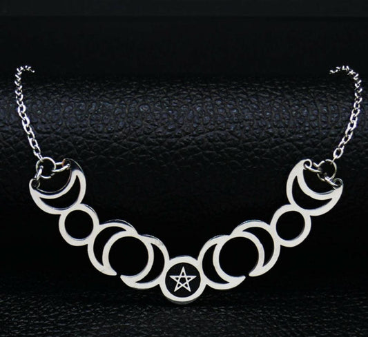 Triple Moon Goddess Sun Pentacle Stainless Steel Necklace