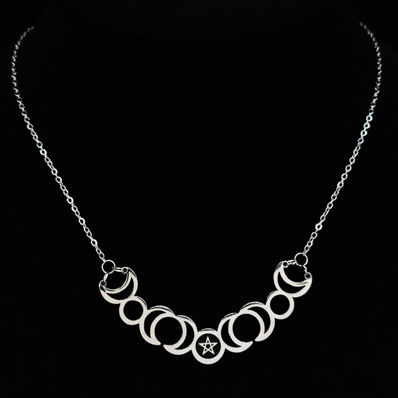 Triple Moon Goddess Sun Pentacle Stainless Steel Necklace