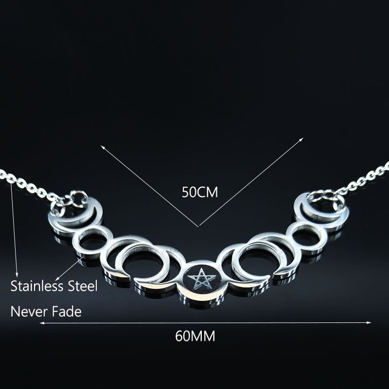 Triple Moon Goddess Sun Pentacle Stainless Steel Necklace