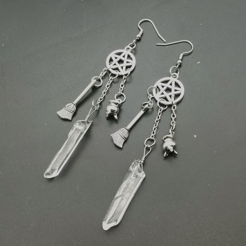 Raw Quartz/Clear Crystal Quartz Pentacle Wiccan/Pagan Earrings