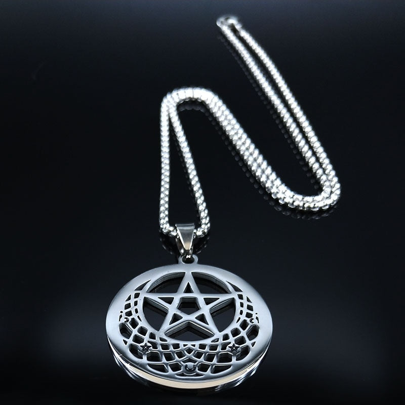 Triple Moon Goddess Sun Pentacle Stainless Steel Necklace