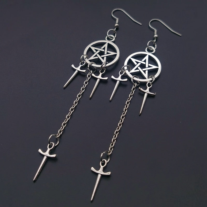 Pentagram Sword Earrings Silver Plated