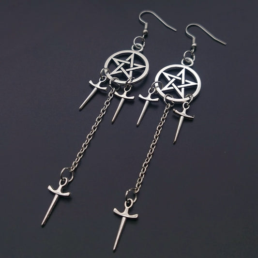 Pentagram Sword Earrings Silver Plated