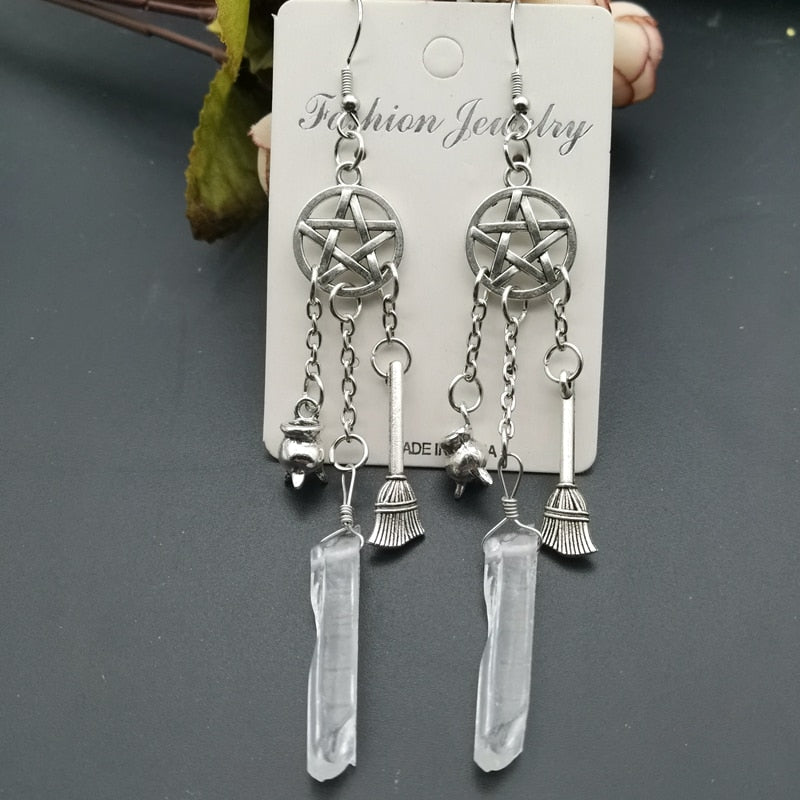 Raw Quartz/Clear Crystal Quartz Pentacle Wiccan/Pagan Earrings
