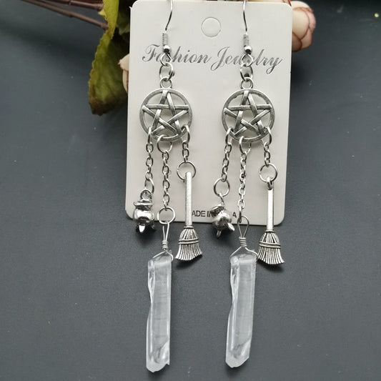 Raw Quartz/Clear Crystal Quartz Pentacle Wiccan/Pagan Earrings