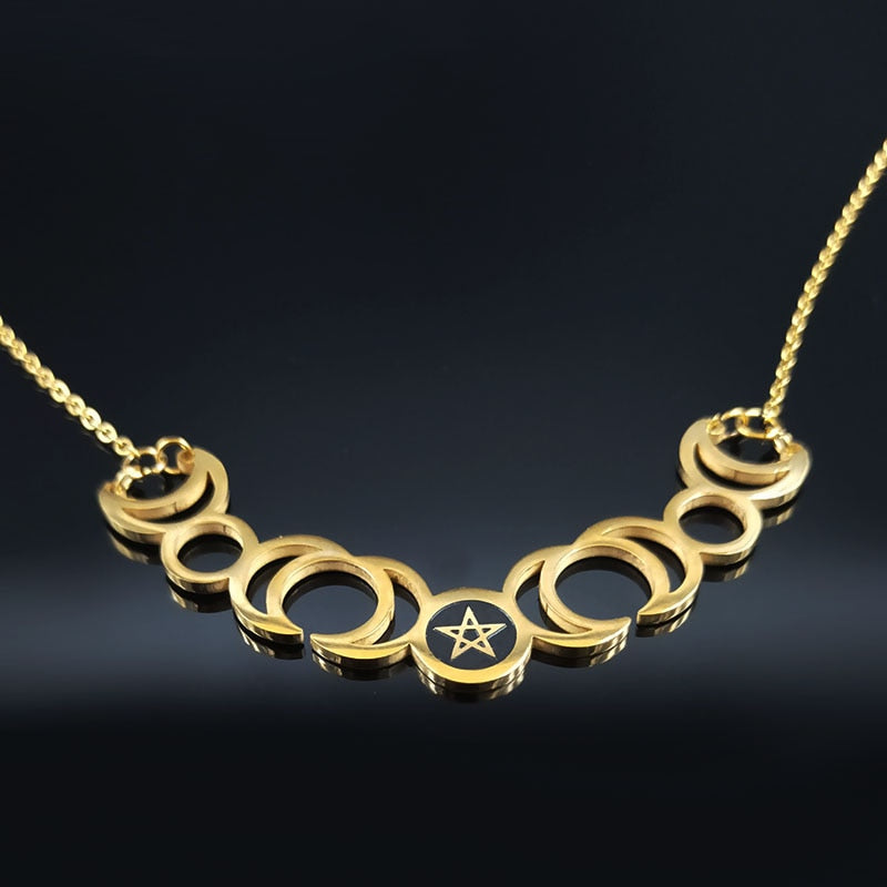 Triple Moon Goddess Sun Pentacle Stainless Steel Necklace