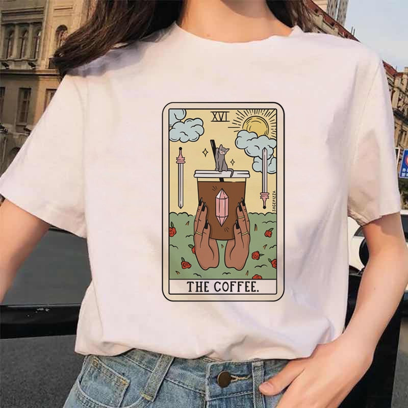 Womens White Funny Tarot Card Printed Cartoon T-Shirt