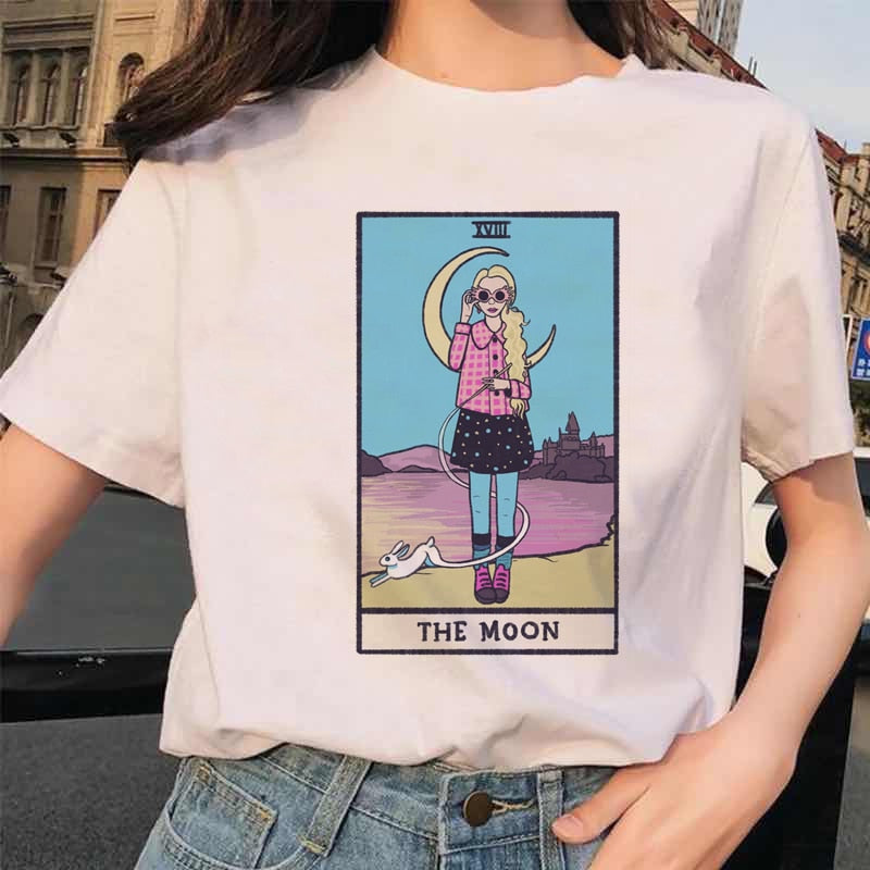 Womens White Funny Tarot Card Printed Cartoon T-Shirt