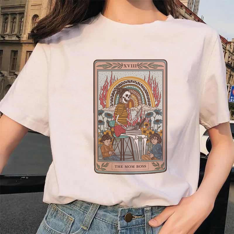 Womens White Funny Tarot Card Printed Cartoon T-Shirt