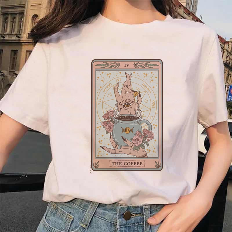 Womens White Funny Tarot Card Printed Cartoon T-Shirt