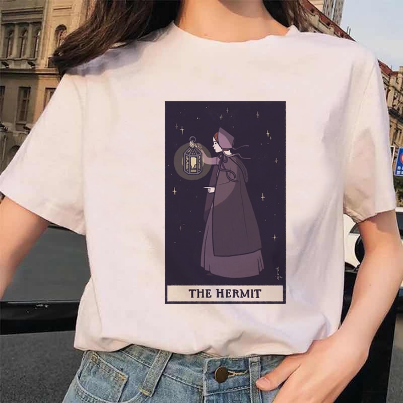 Womens White Funny Tarot Card Printed Cartoon T-Shirt