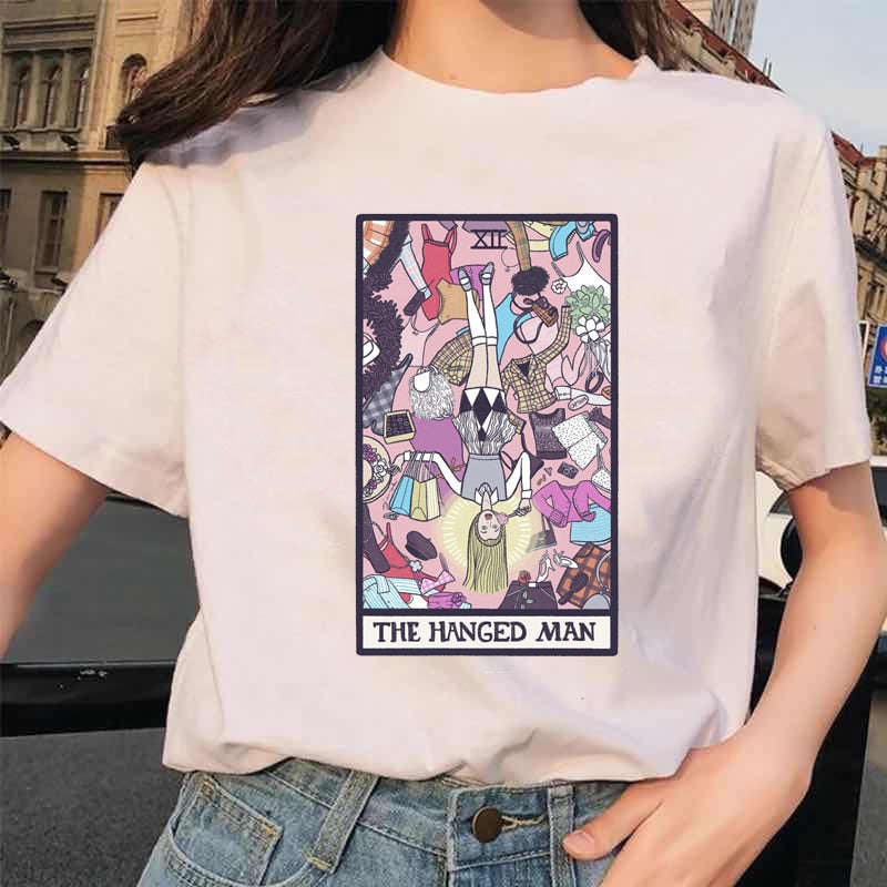 Womens White Funny Tarot Card Printed Cartoon T-Shirt