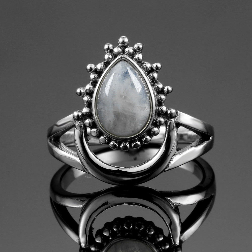 New Vintage Silver Jewelry Ring/ Water Drop Natural Moonstone