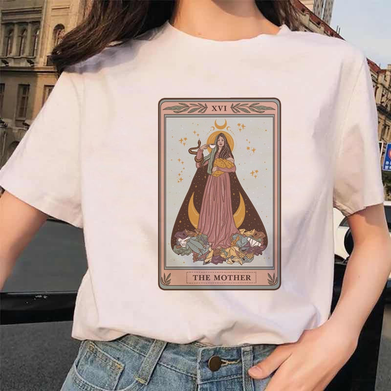 Womens White Funny Tarot Card Printed Cartoon T-Shirt