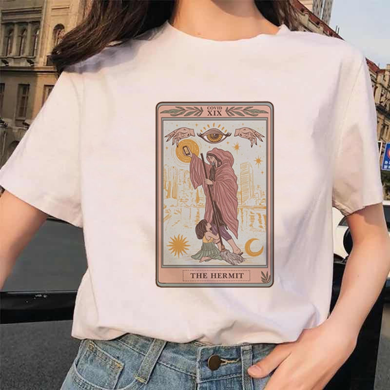 Womens White Funny Tarot Card Printed Cartoon T-Shirt