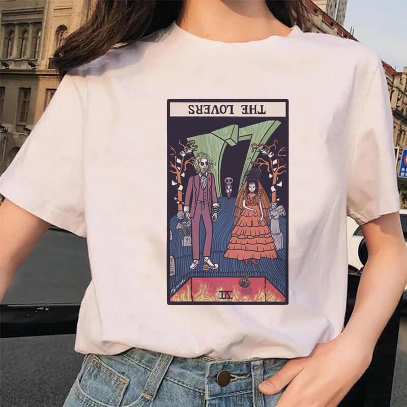 Womens White Funny Tarot Card Printed Cartoon T-Shirt