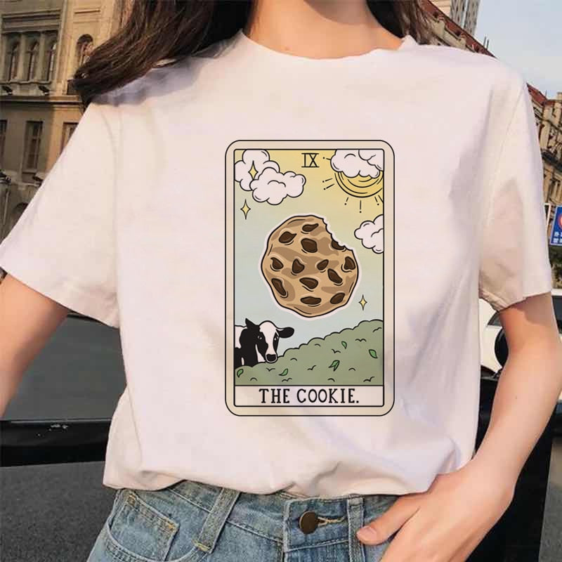 Womens White Funny Tarot Card Printed Cartoon T-Shirt