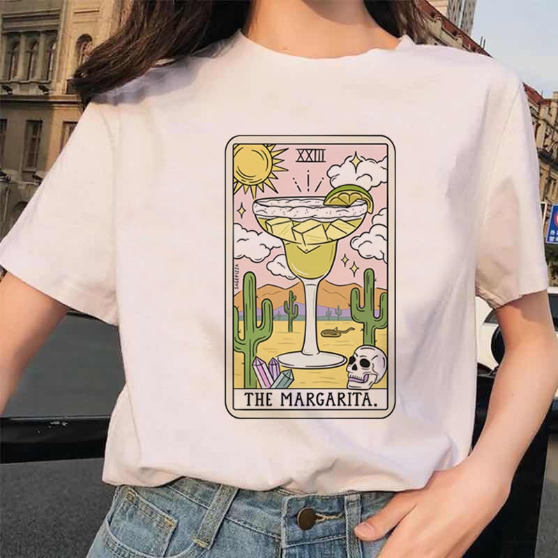 Womens White Funny Tarot Card Printed Cartoon T-Shirt