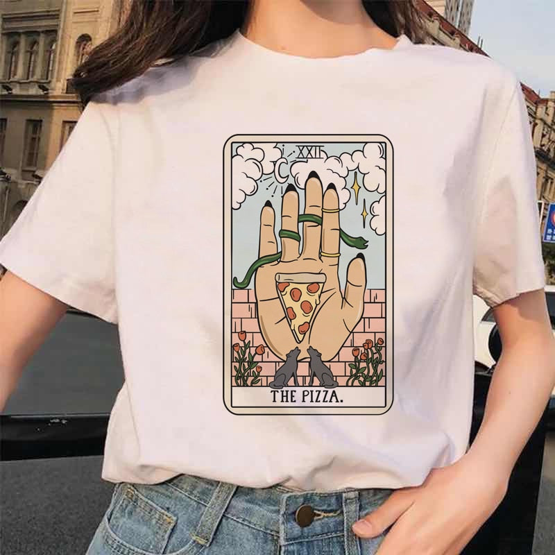 Womens White Funny Tarot Card Printed Cartoon T-Shirt