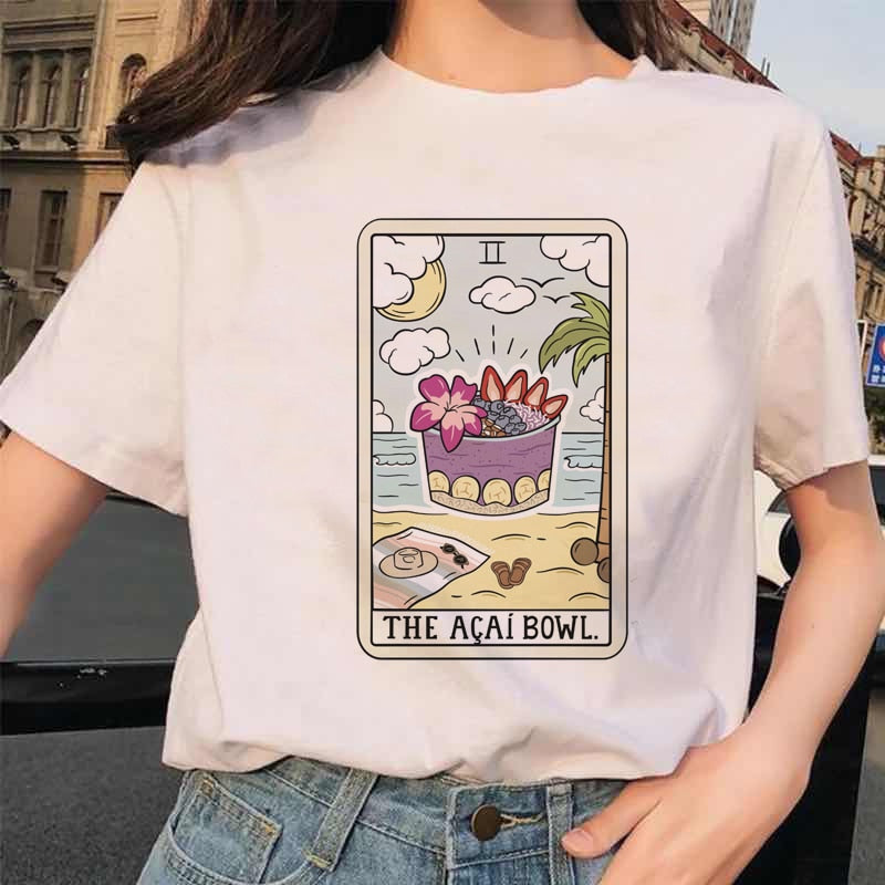 Womens White Funny Tarot Card Printed Cartoon T-Shirt