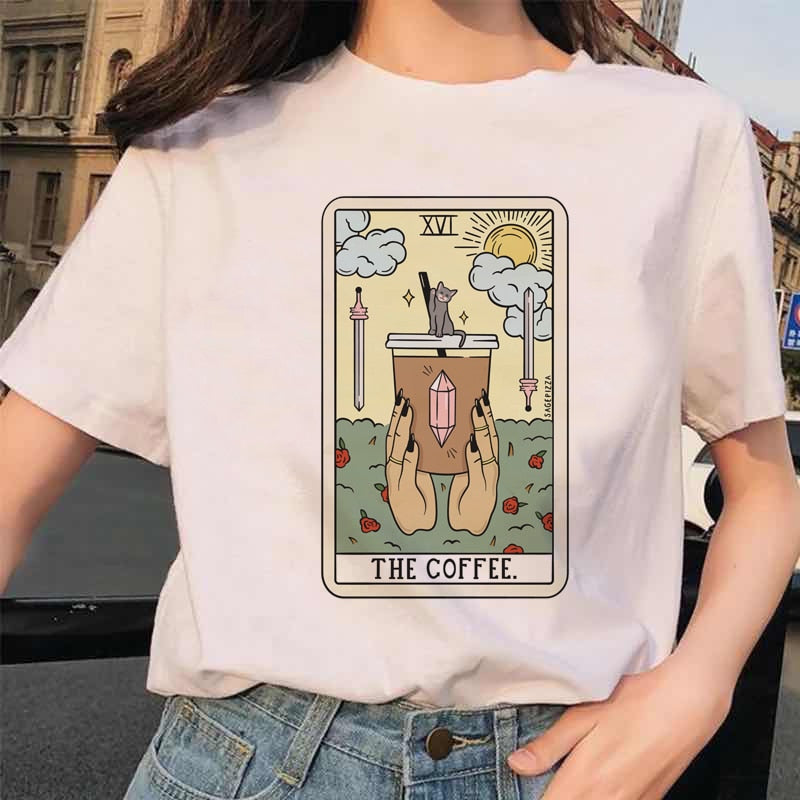 Womens White Funny Tarot Card Printed Cartoon T-Shirt