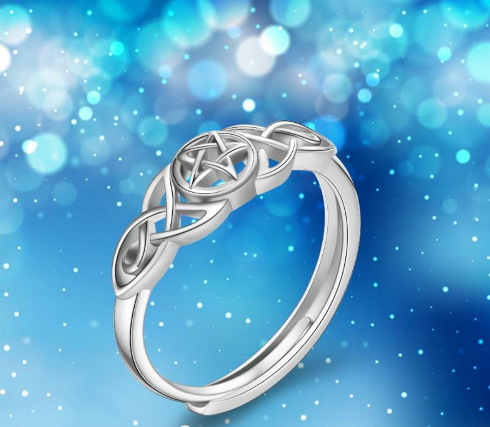 Wicca Pentagram Ring for Women 925 Sterling Silver Pagan Triple Moon Band Ring